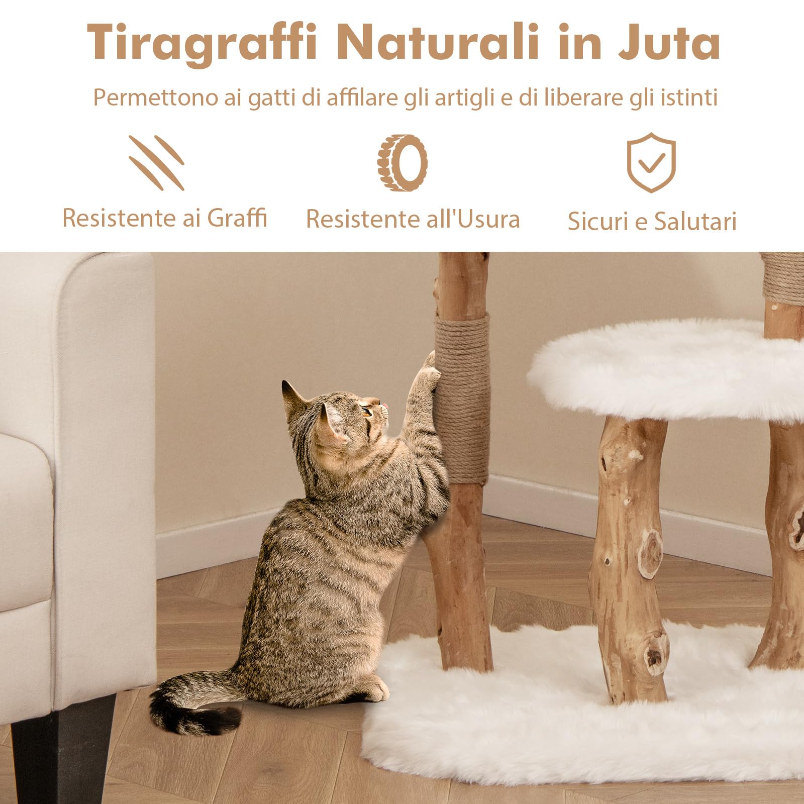 COSTWAY Tiragraffi in Legno 110cm con Pali in Corda di Juta Naturale
