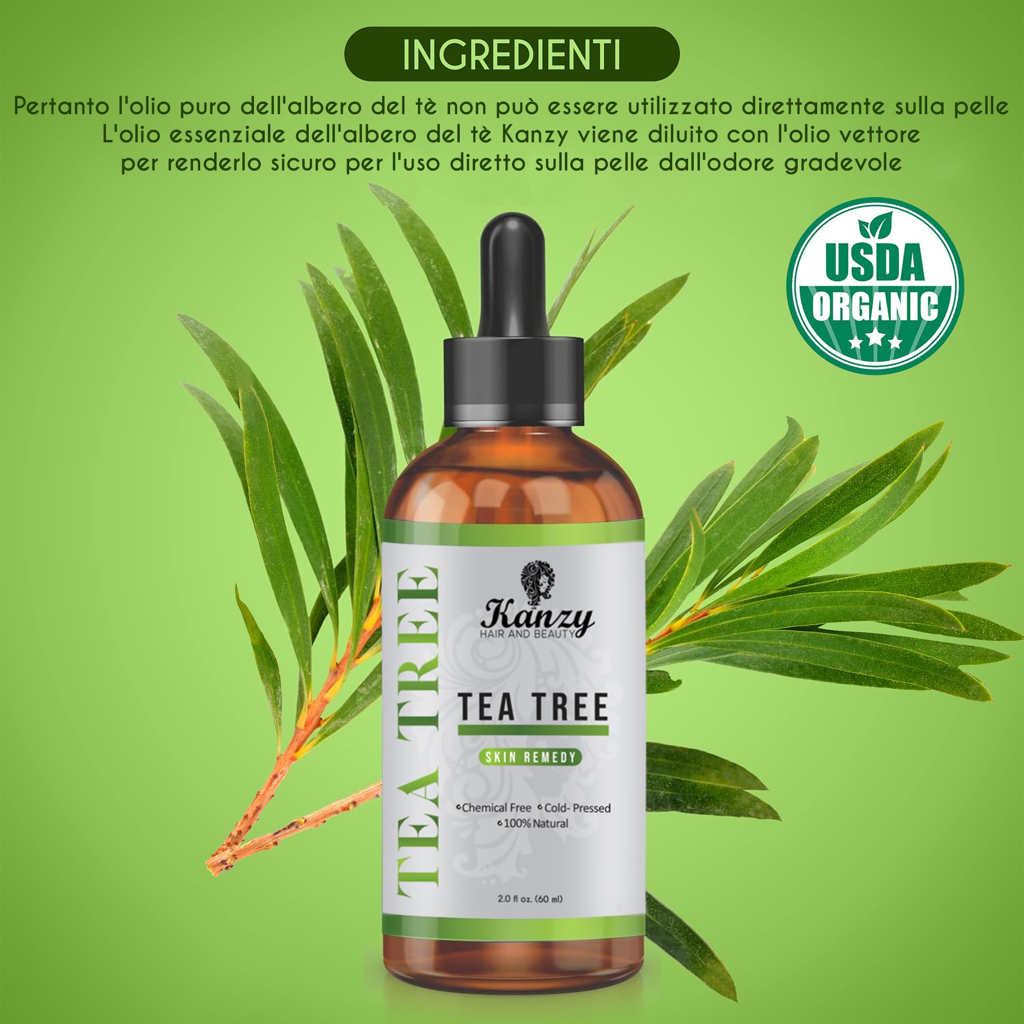 Kanzy Tea Tree Oil 60ml Olio di Albero Del Tè per Viso, Corpo, Unghie, Capelli e Aromaterapia Diffusore, Olio Essenziale Tea Tree