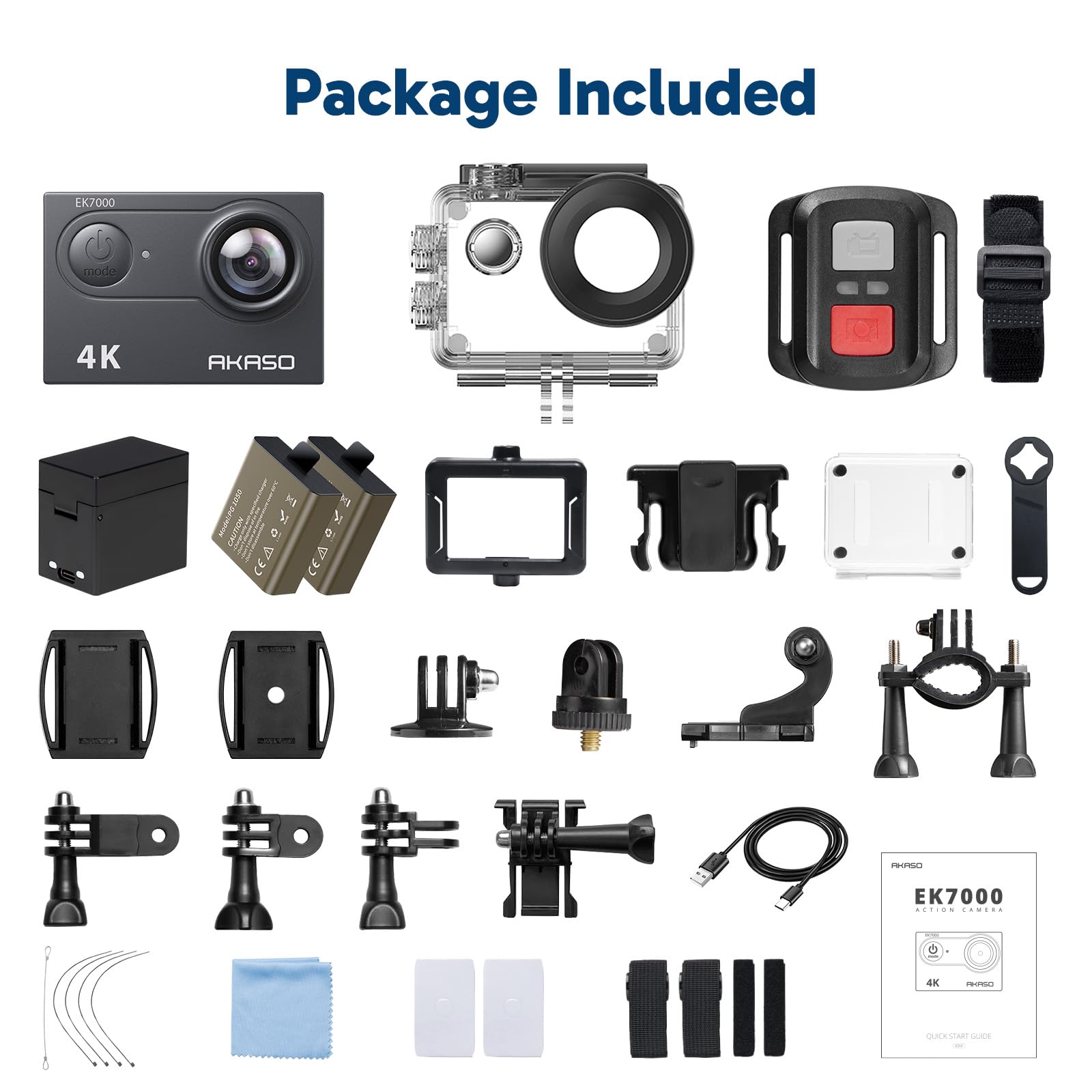 AKASO EK7000 Action Cam 4K, Fotocamera Subacquea WiFi 20MP, Impermeabile 30M, Microfono Esterno Compatibile, Telecomando, 2 Batterie 1050 mAh, Accesorios Multiples per Bicicletta Casco Sci Surf