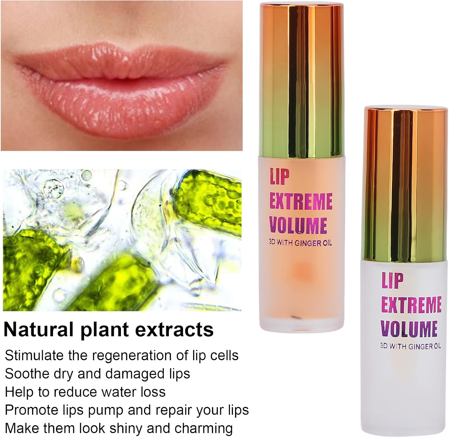 Collage showing plumped lips, microscopic view of plant cells, and two Sonew Lip Plumper tubes, illustrating natural plant extracts and their effects.