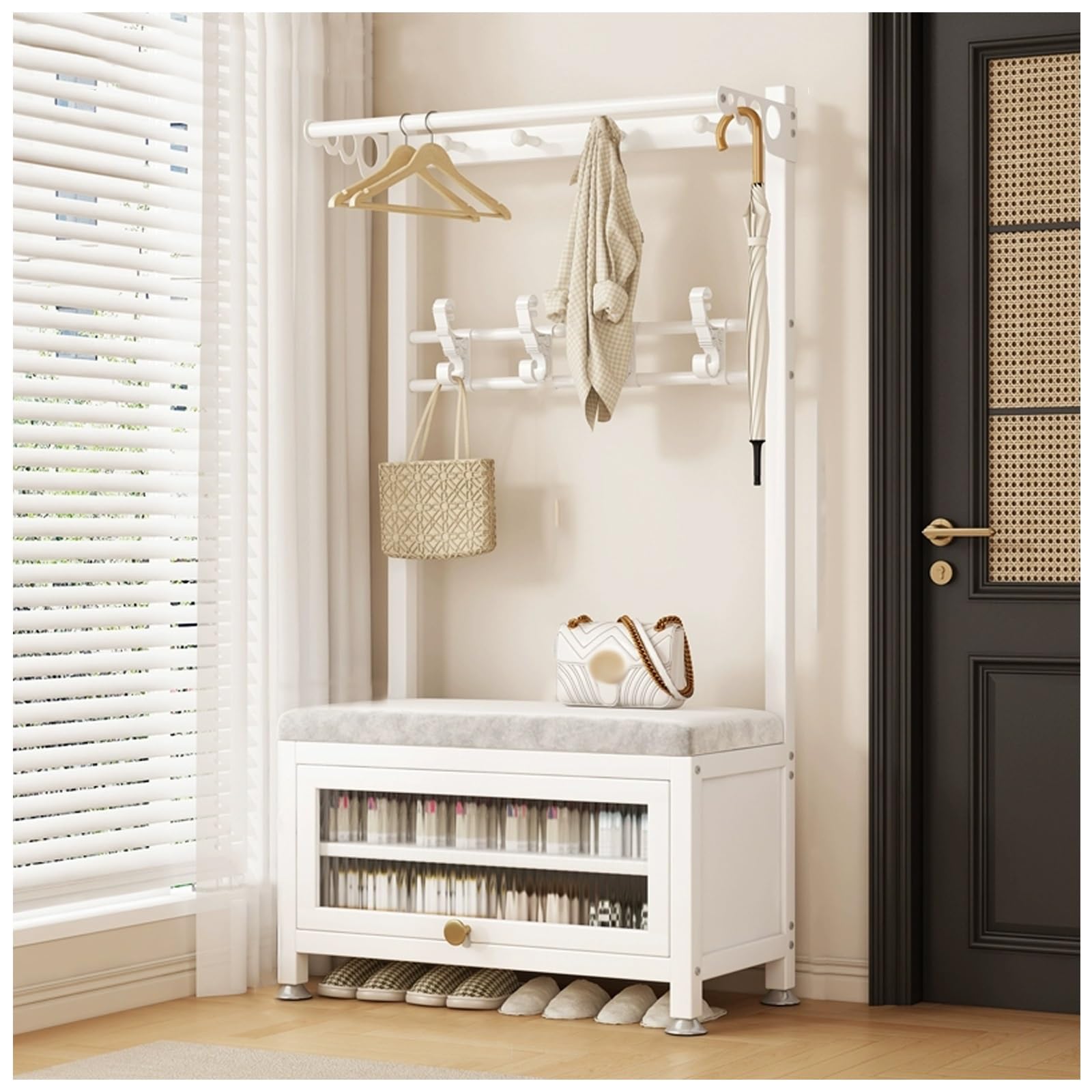 FGXHHS Hall Tree with Bench and Shoe Storage, 3-in-1 Freestanding Wooden Coat Rack，Coat Rack ，Hall With Storage Bench,Coat Hooks Side Hooks(White,L100*W36CM/L39.3*W14.1IN)