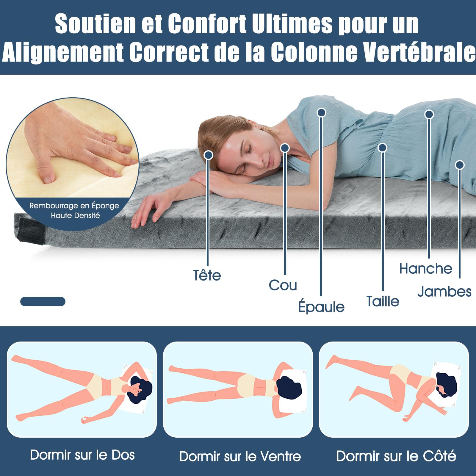 COSTWAY Matelas de Camping en Mousse à Mémoire de Forme, Matelas de Couchage Roulable Léger pour Voyages Randonnée Tissu Détachable et Imperméable, 183 x 62,5 x 6,5 cm
