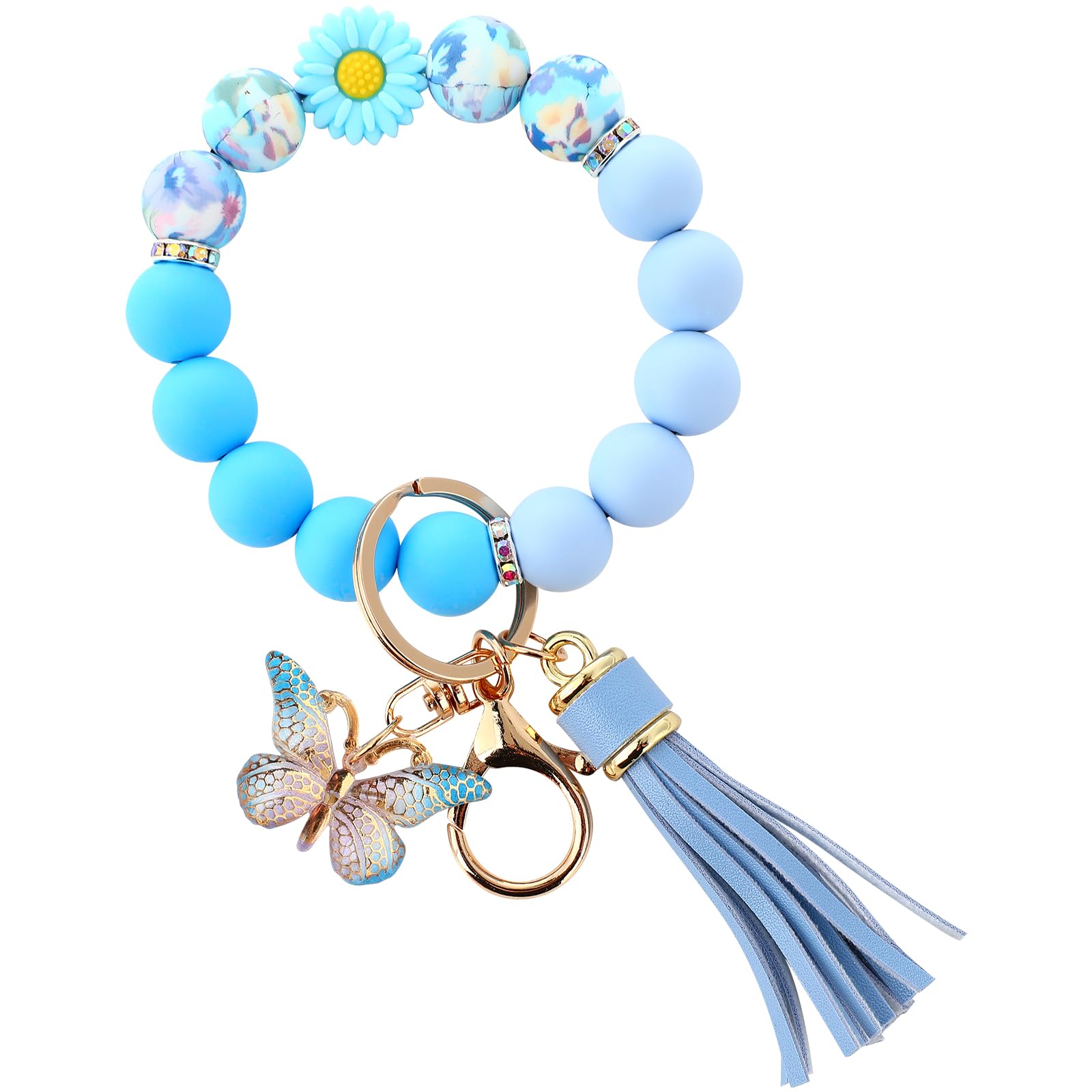 Cute Silicone Beaded Keychain，Key Chain Holder for Car Keys Women Girl，Daisy Silicone Key Wristlet Resin Butterfly