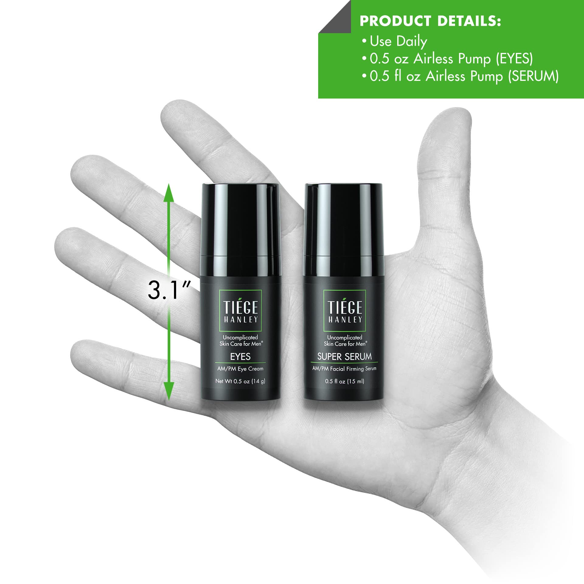 Tiege Hanley Sérum raffermissant pour le visage (SUPER SERUM) et crème contour des yeux (EYES) pour homme | Pack anti-âge | Hyaluronate de sodium et palmitate de rétinyle pour une peau plus ferme et