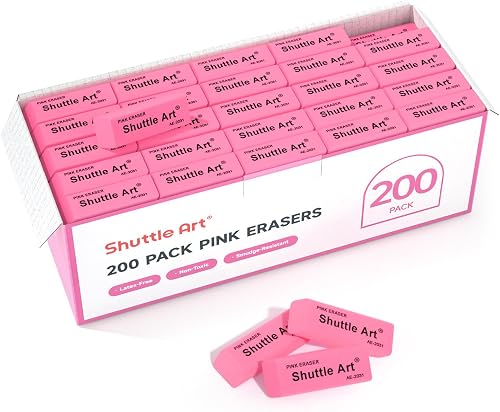 Pink Erasers, Shuttle Art 200 Pack Pink Erasers Bulk for School, Office, Latex-Free Soft Erasers for Kids, Teachers as School Supplies