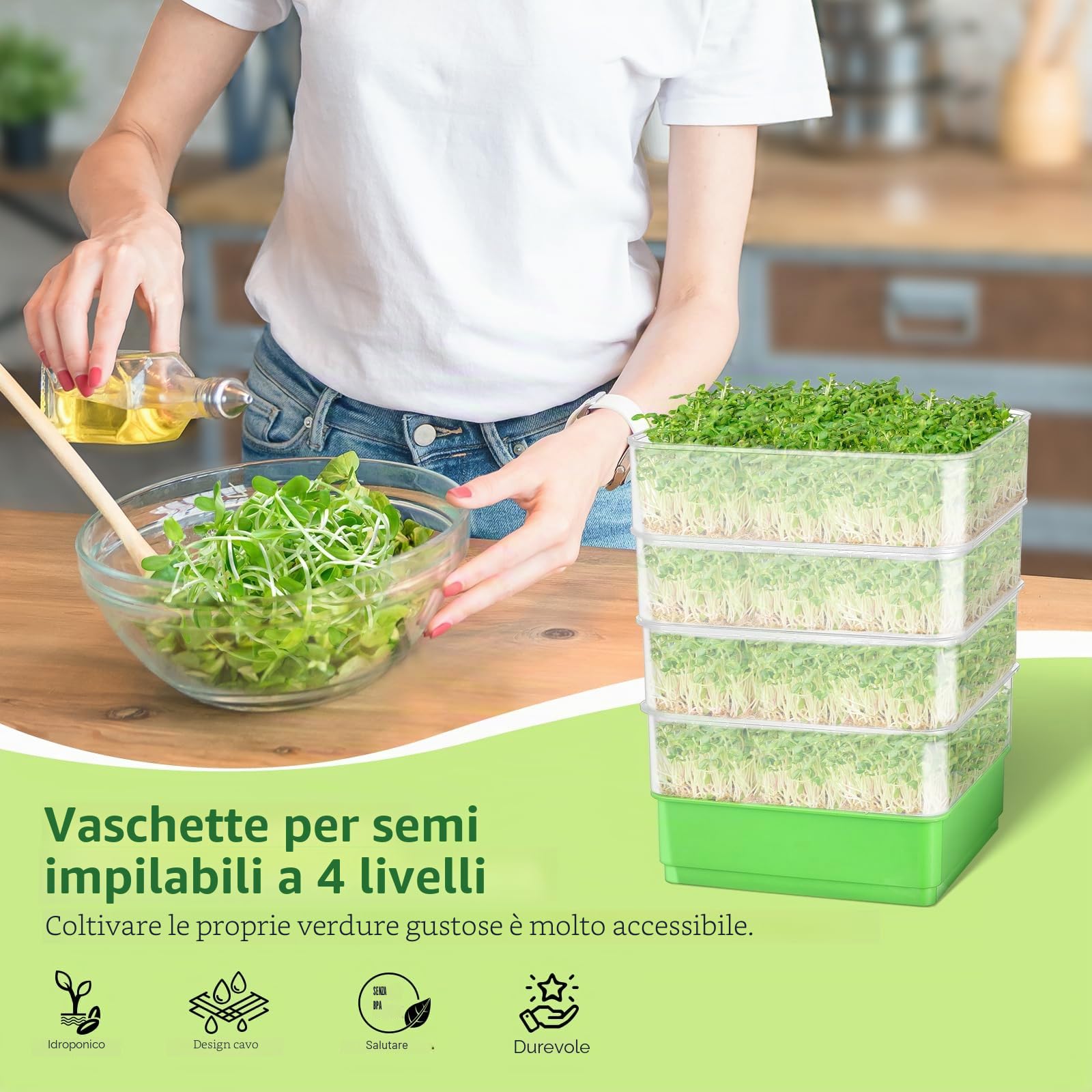 WYWY Kit di germinazione di fagioli a 4 piani, vassoi da coltivazione impilabili per microrganismi verdi