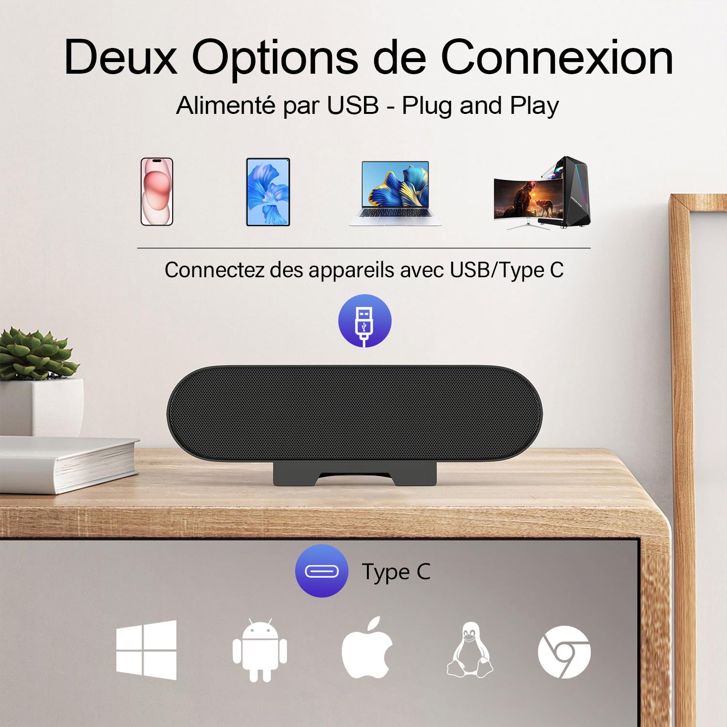 ZETIY Haut-Parleur USB, Enceinte PC pour Moniteur Portable, Mini Barre de Son avec Clipser pour Ordinateur Portable, Ordinateur de Bureau, Téléphone, Tablette - Plug & Play （Noir）