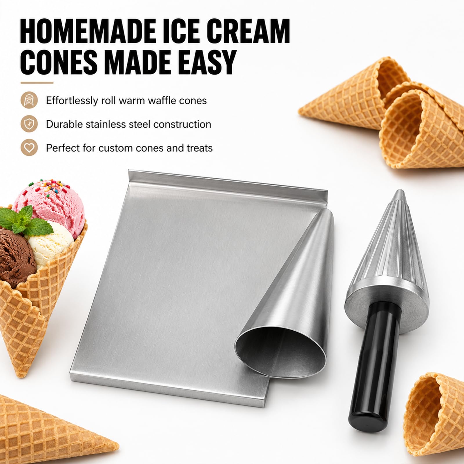 Moldeador de Conos de Gofre y Molde de Cono de Helado | Forma Lisa de Aluminio Fundido con Base Inox y Revestimiento Antiadherente para Conos Caseros, Cafeterías y Heladerías