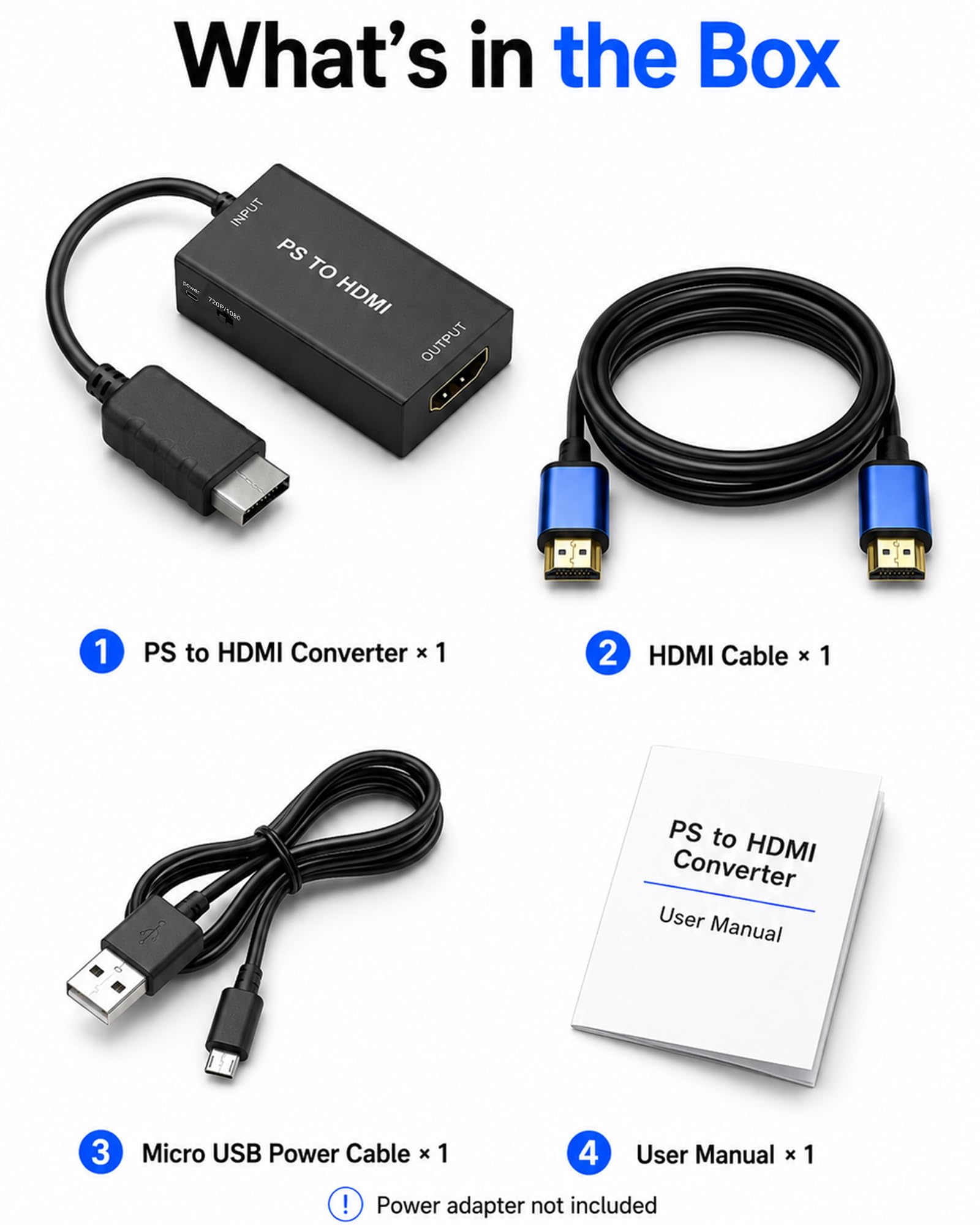 Konwerter PS na HDMI do PS1 / PS2, adapter HDMI oparty na S-Video do telewizorów HDMI, monitorów i projektorów, zawiera kable zasilające HDMI 1,5 m i micro USB