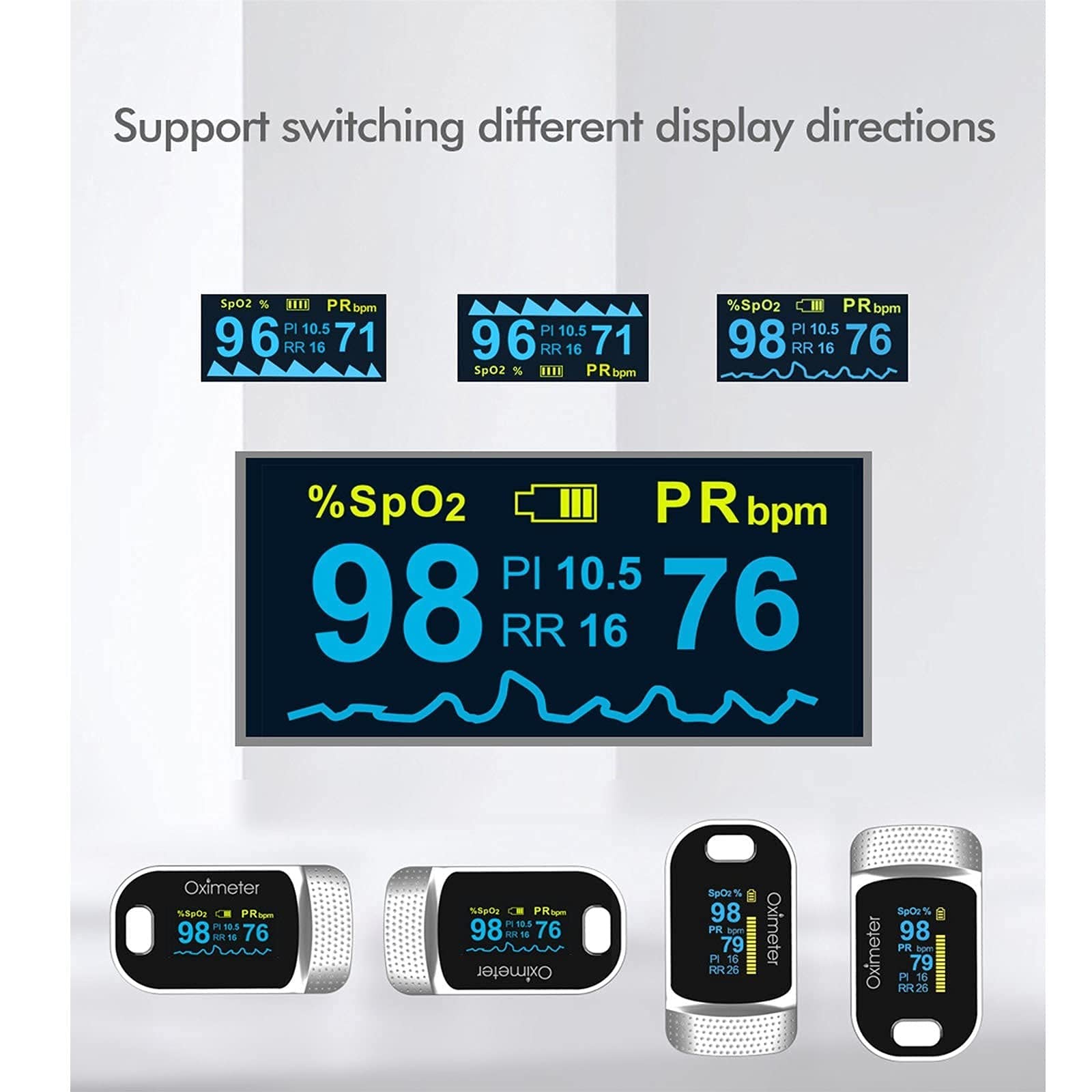Oxímetro de Pulso para Adultos, Monitor Spo2, Oxígeno En Sangre, Frecuencia de Pulso, Pantalla OLED, Silver