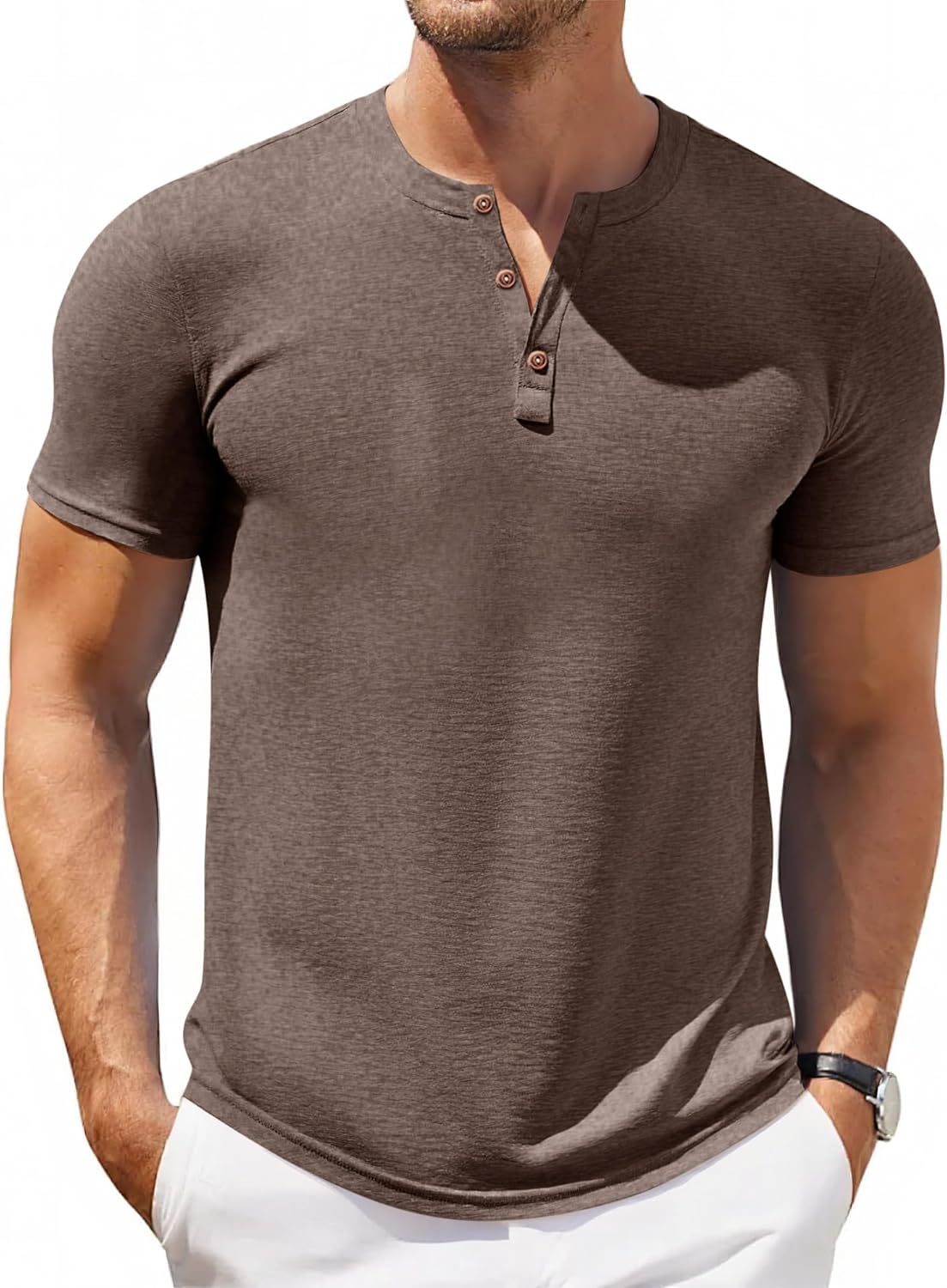 Aoysky Men Short Sleeve Henley T-Shirt Casual Solid Color Button-up Henley Shirt V Neck Tee Tops