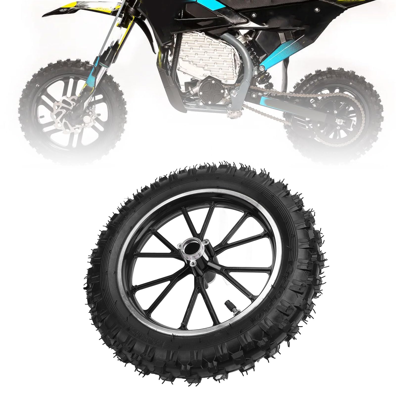 Pneumatico Ruota Anteriore 2.5-10 con Camera D'aria, Gomma E Metallo 10 Pollici per Piccole Motociclette Fuoristrada 49, Parti Ricambio Cerchio Ruota Anteriore Posteriore (BLACK)