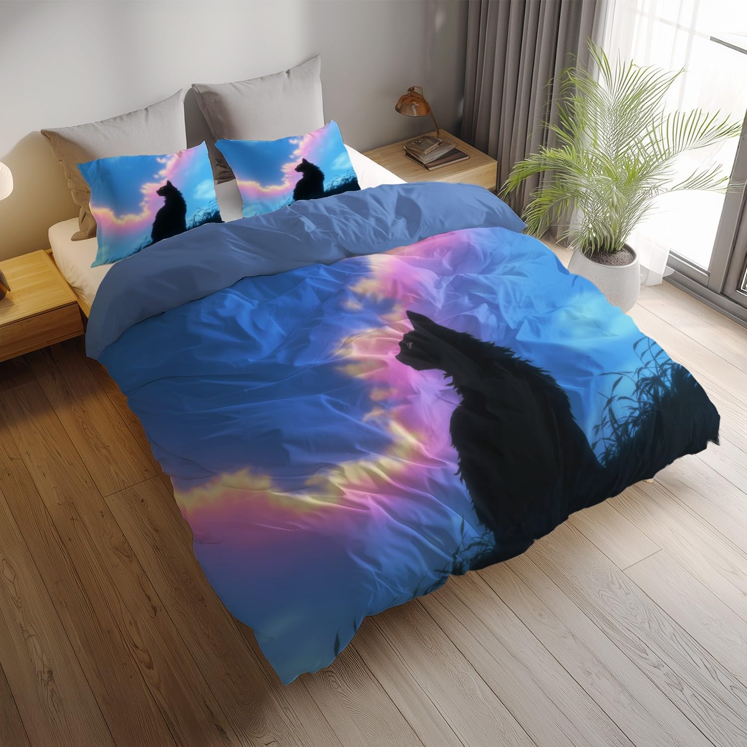 Niebieski Czarny Minimalistyczny Kot Niebo 220 x 260 cm Łatwy w pielęgnacji Poszwa na kołdrę Zestaw pościeli z 2 poszewkami na poduszki Zestaw pościeli do dekoracji sypialni