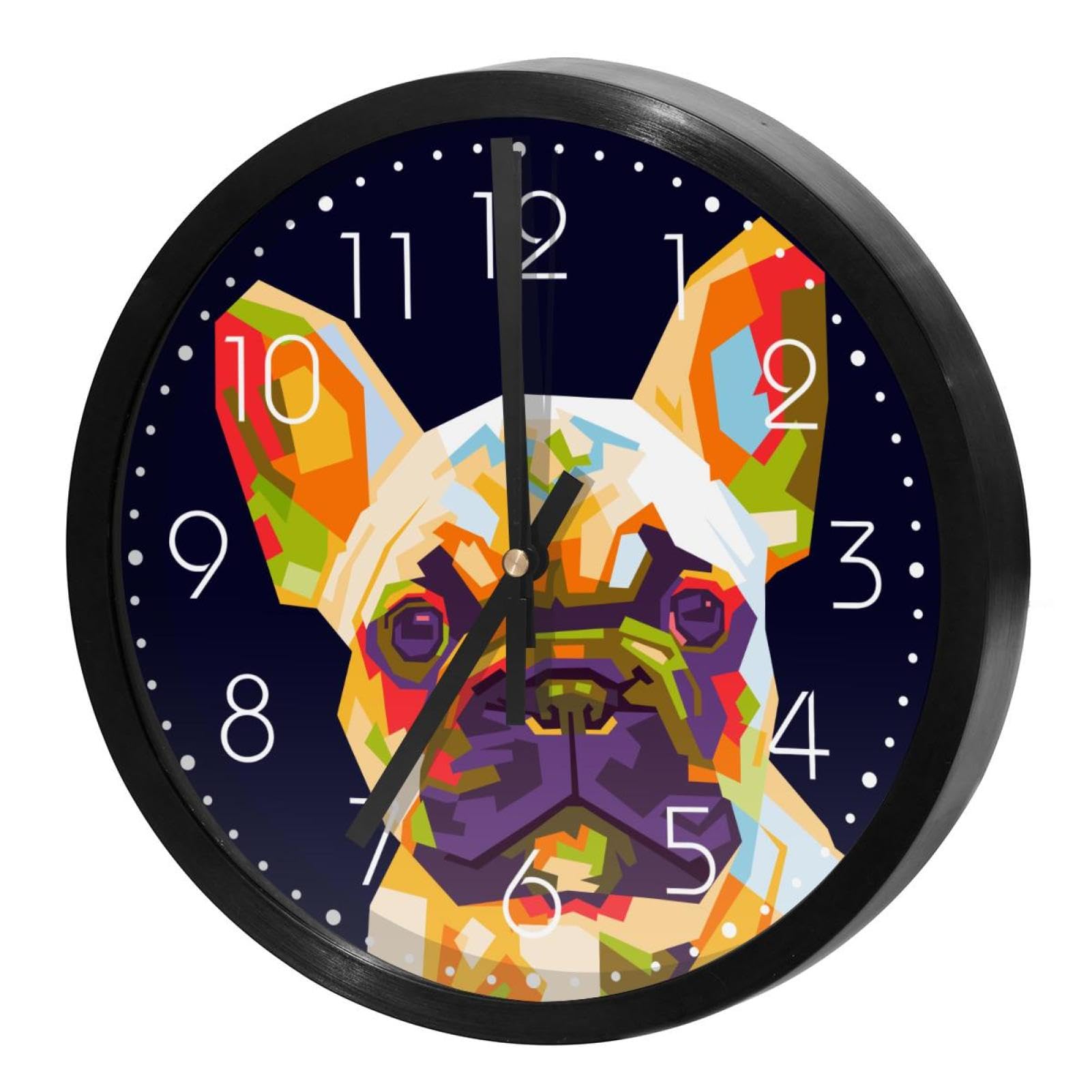 Horloge murale bouledogue français coloré à quartz silencieuse et ronde pour salon et cuisine