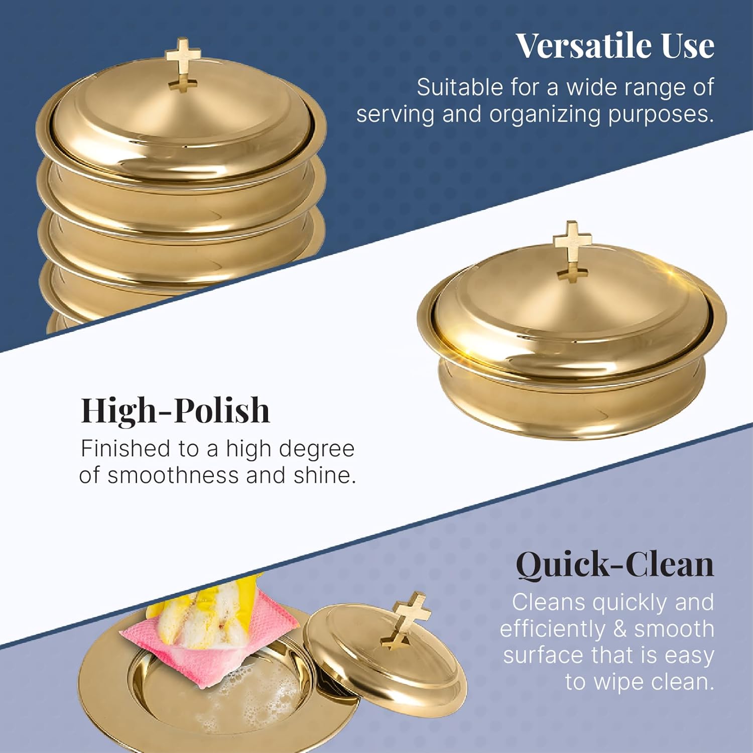 Communion Ware Church Set | Holy Stackable 1 Communion Tray with a Cover & 1 Bread Plate with a Cover for Churches | Stainless Steel - Shiny (Gold) Finish