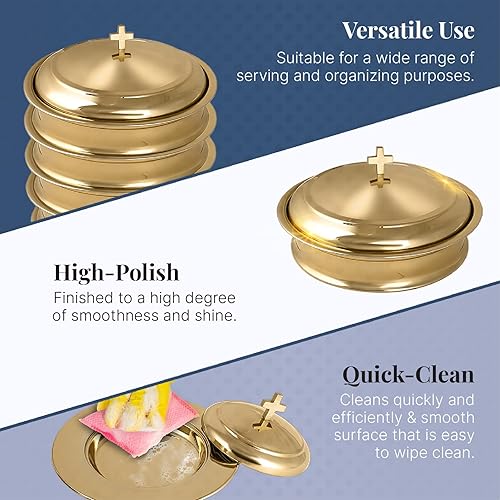Miniatura 6 de Communion Ware 3 Holy Wine Serving Trays with A Lid & 2 Stacking Bread Plates with A Lid - Stainless Steel (Brass/Gold Shiny) Espejo de