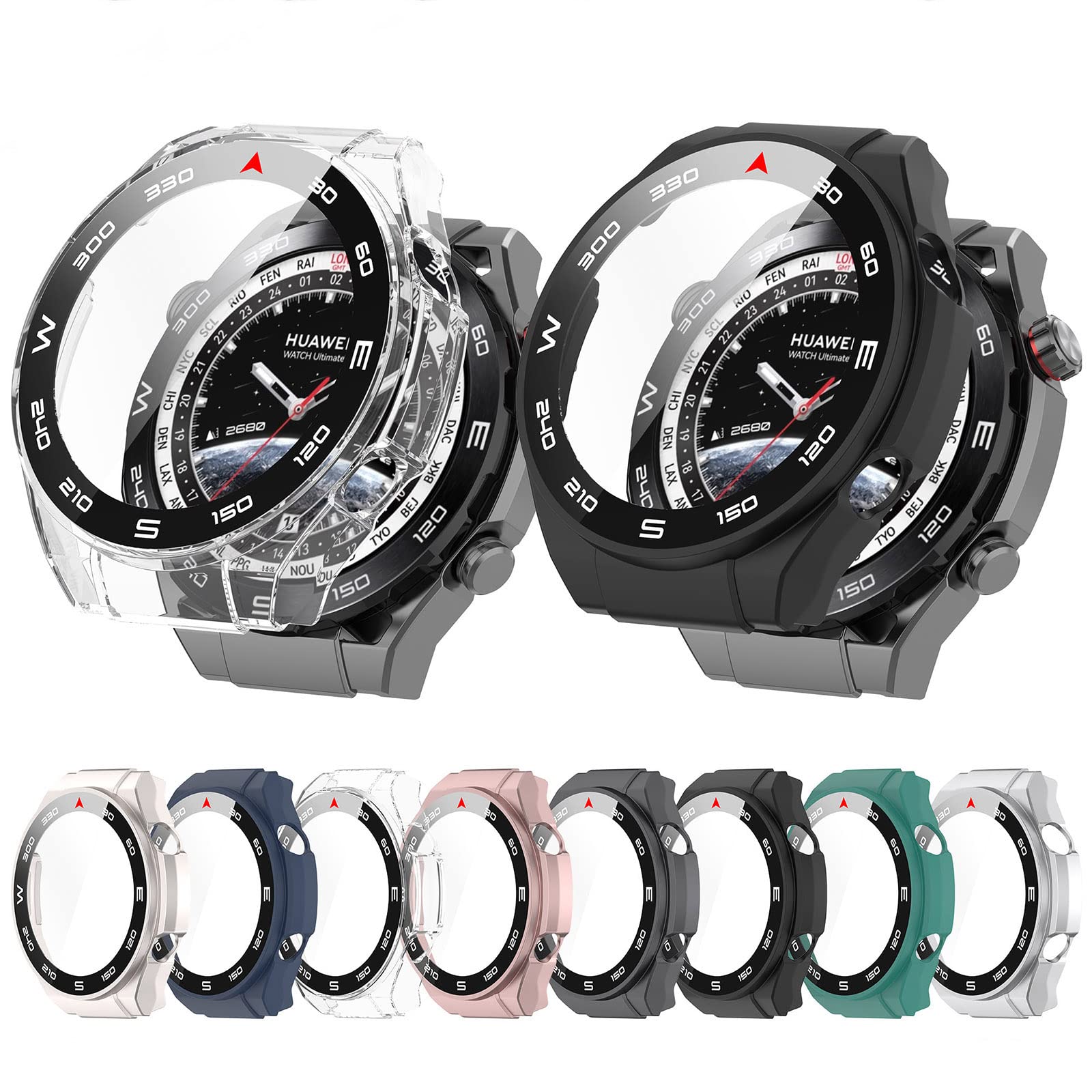 [8-Pack] 3 in 1 Waterproof Case for Huawei Watch Ultimate, Straight Edge PC Front & Back Bumper with Tempered Glass Screen Protector 360 Protective Cover for Huawei Watch Ultimate