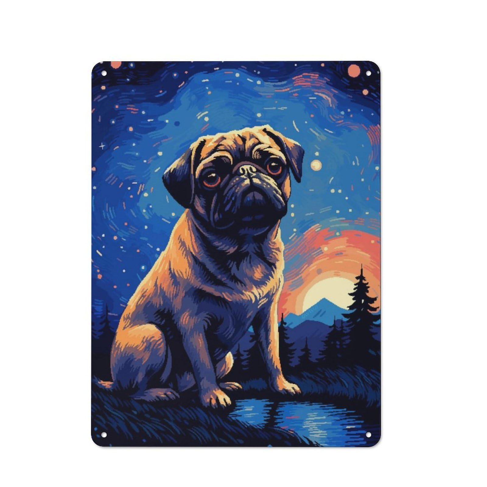 Junmoney Pug Magical Pixel Art Metal Sign 40X30cm With For Workshop Wall, Rustic Decor, For Garage, Workshop And Man Cave Decoration