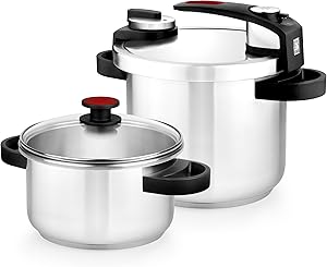 BRA Tekna Pressure Cooker Set with Easy Opening 4+7 Litres, Made of 18/10 Stainless Steel, with 2 Cooking Programs and Ope…