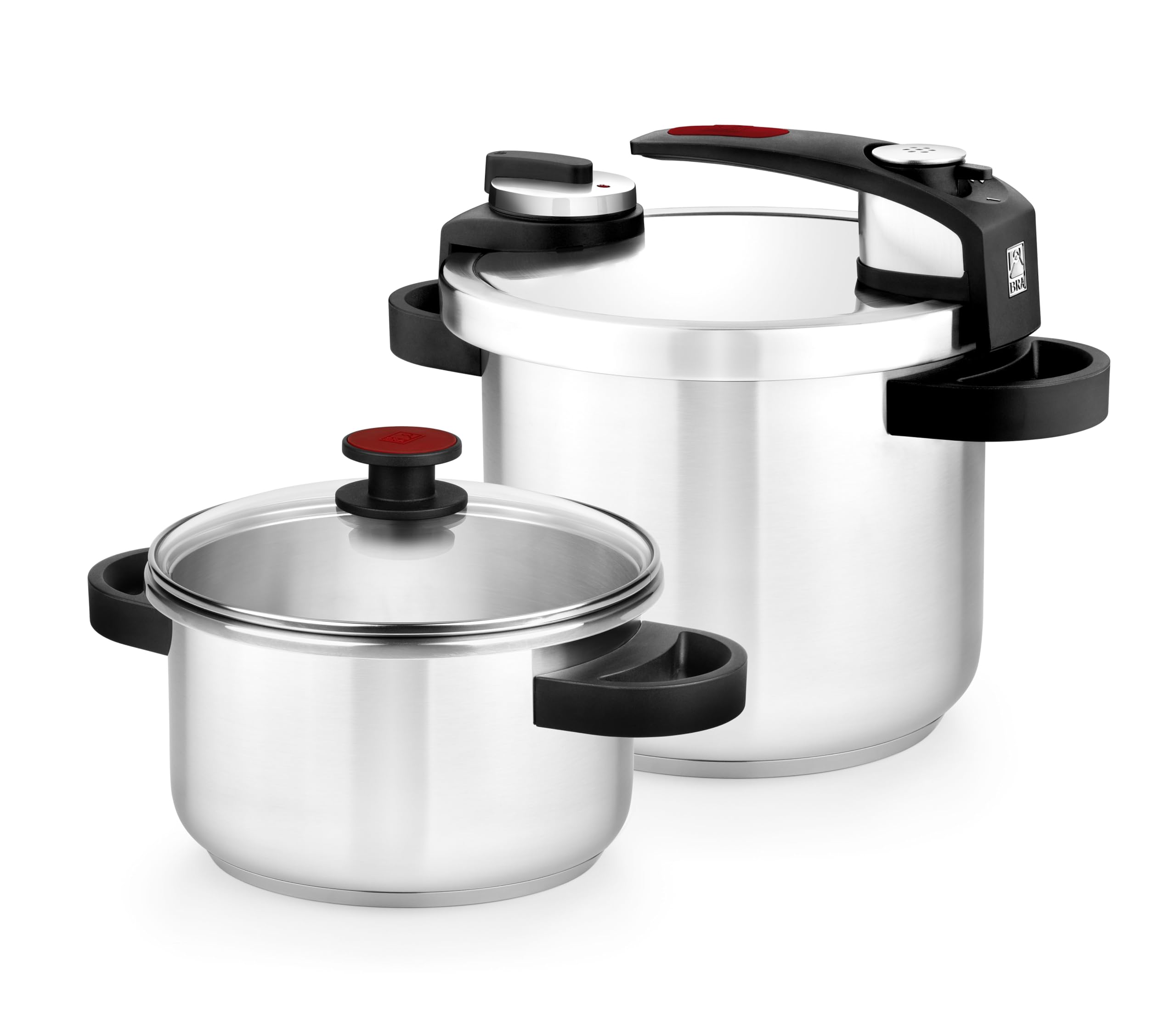 BRA Tekna | Leicht zu öffnendes Schnellkochtopf-Set 4+7 Liter, aus Edelstahl 18/10, mit 2 Kochprogrammen und Öffnungssperrsystem, geeignet für alle Küchentypen