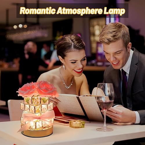 Miniatura 4 de Lámpara de mesa de rosas artificiales LED recargable con florero de cristal en cubo, lámpara táctil regulable de 3 colores de temperatura, lámparas