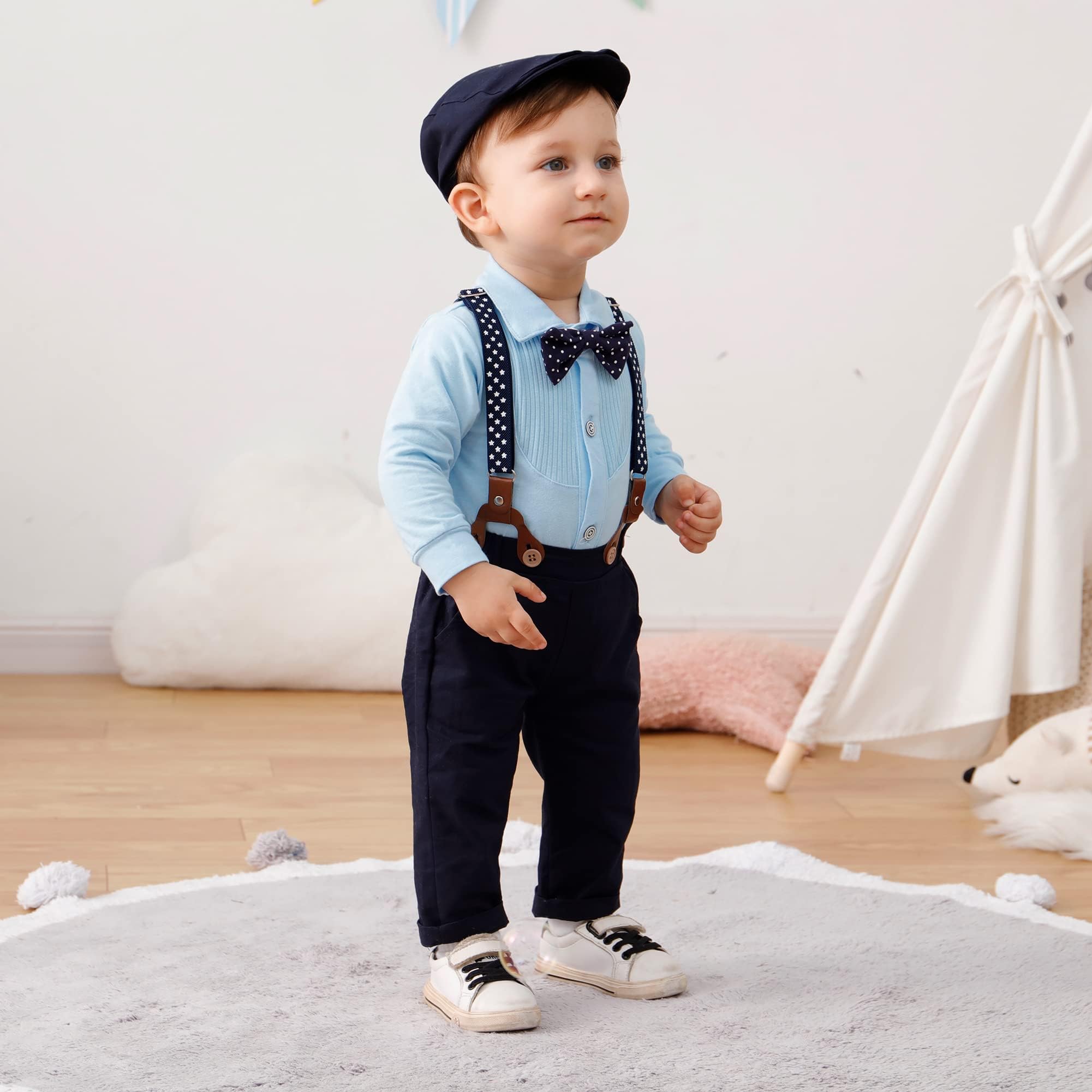 ZOEREA Trajes de Bebé Niño Conjunto de Ropa 0-18 Meses Peleles Monos con Pajarita + Tirantes Pantalones Bebé Niños Caballero Conjunto para Bautizo Fiesta Boda