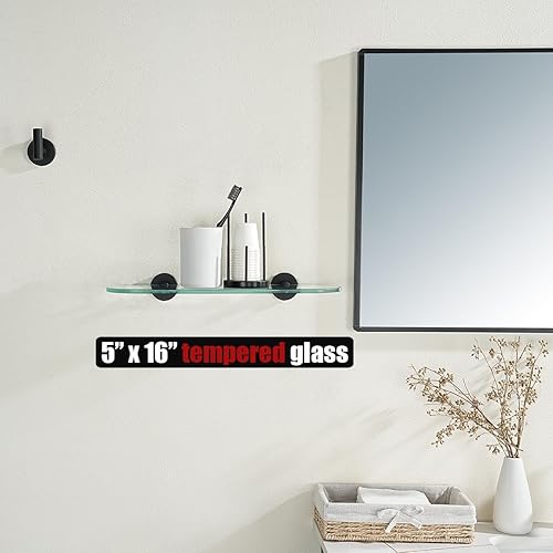 Miniatura 2 de JQK Estante de cristal para baño negro, almacenamiento de ducha de vidrio templado de 16 x 5 pulgadas, montaje en pared negro mate de acero