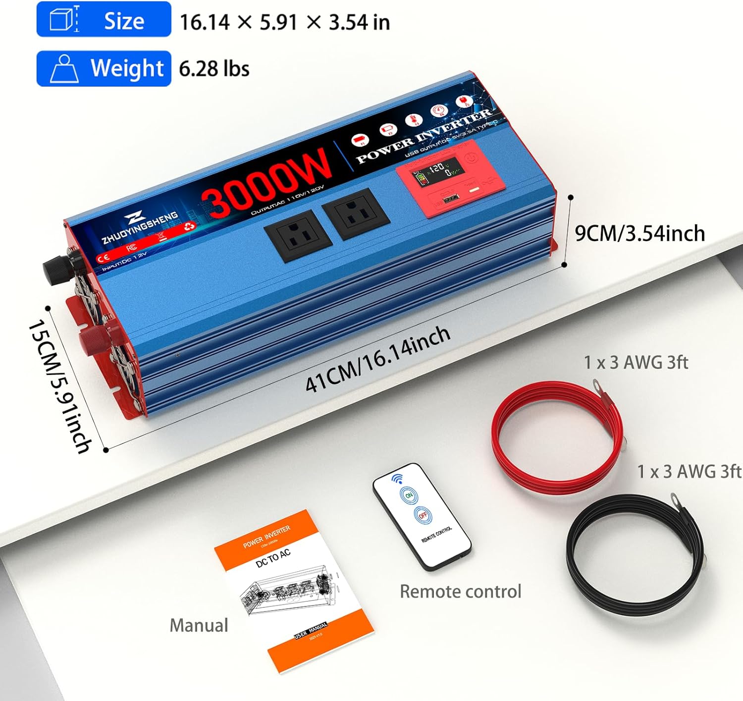 3000 Watt Inverter 12V DC to 120V AC Converter with LCD Display & Remote Control - 2 AC Outlets, USB 3.0 + Type-C Ports, Car Power Inverter Compatible with RV, Truck, Home, Off-Grid & Solar Systems