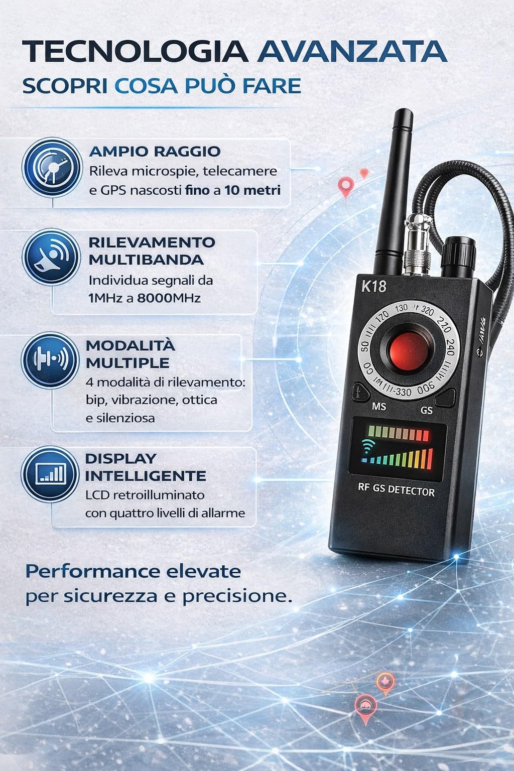 Detector de microespías K18 Anti Spy Detector RF GPS Cámaras Ocultas 1MHz-8000MHz Sensibilidad Ajustable Batería Recargable Portátil - CW1023