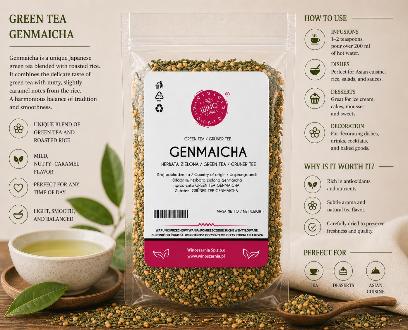 Herbata zielona Genmaicha z Prażonym Ryżem 500g Prażony Ryż