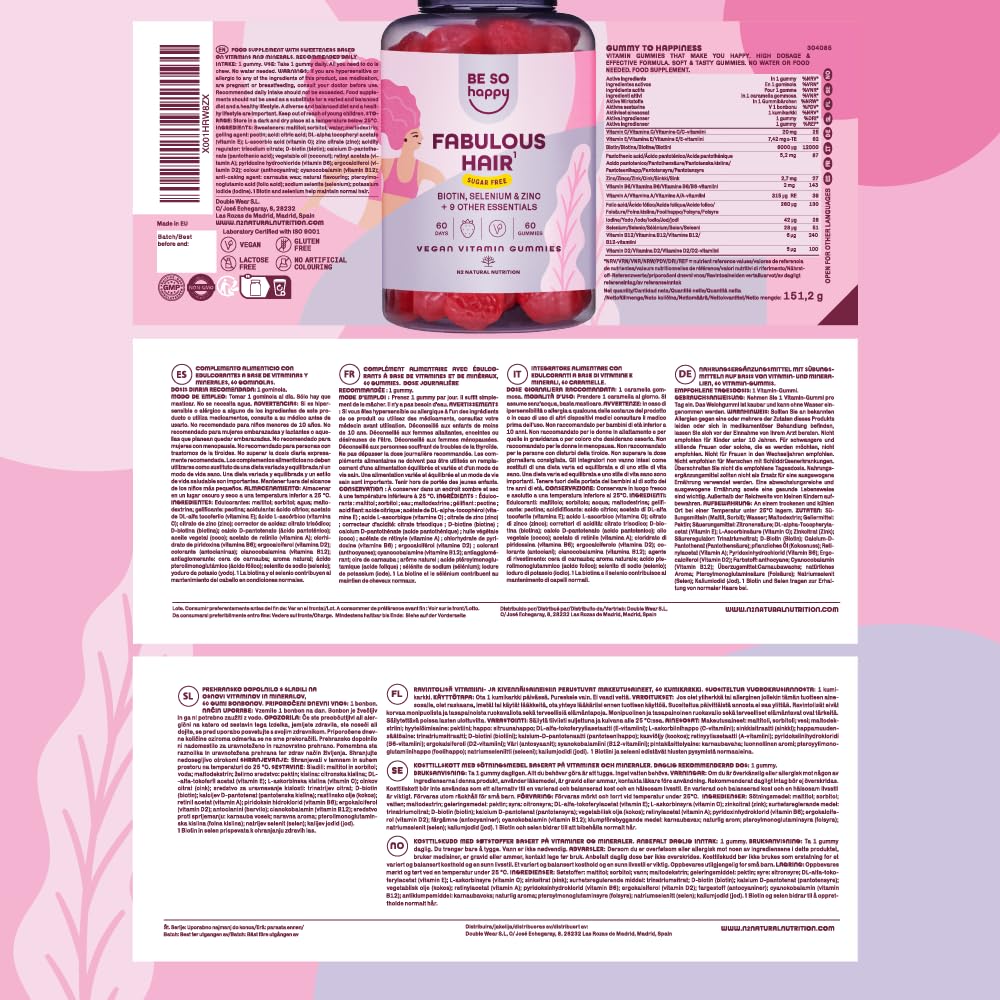 Biotine pour Cheveux | 6000 mcg | Avec Zinc, Sélénium et Vitamines A, B6, B12, C, D, E | Bonbons Goût de Fraise | Approvisionnement de 120 jours | Végétalien, sans Gluten et sans Lactose | BeSoHappy