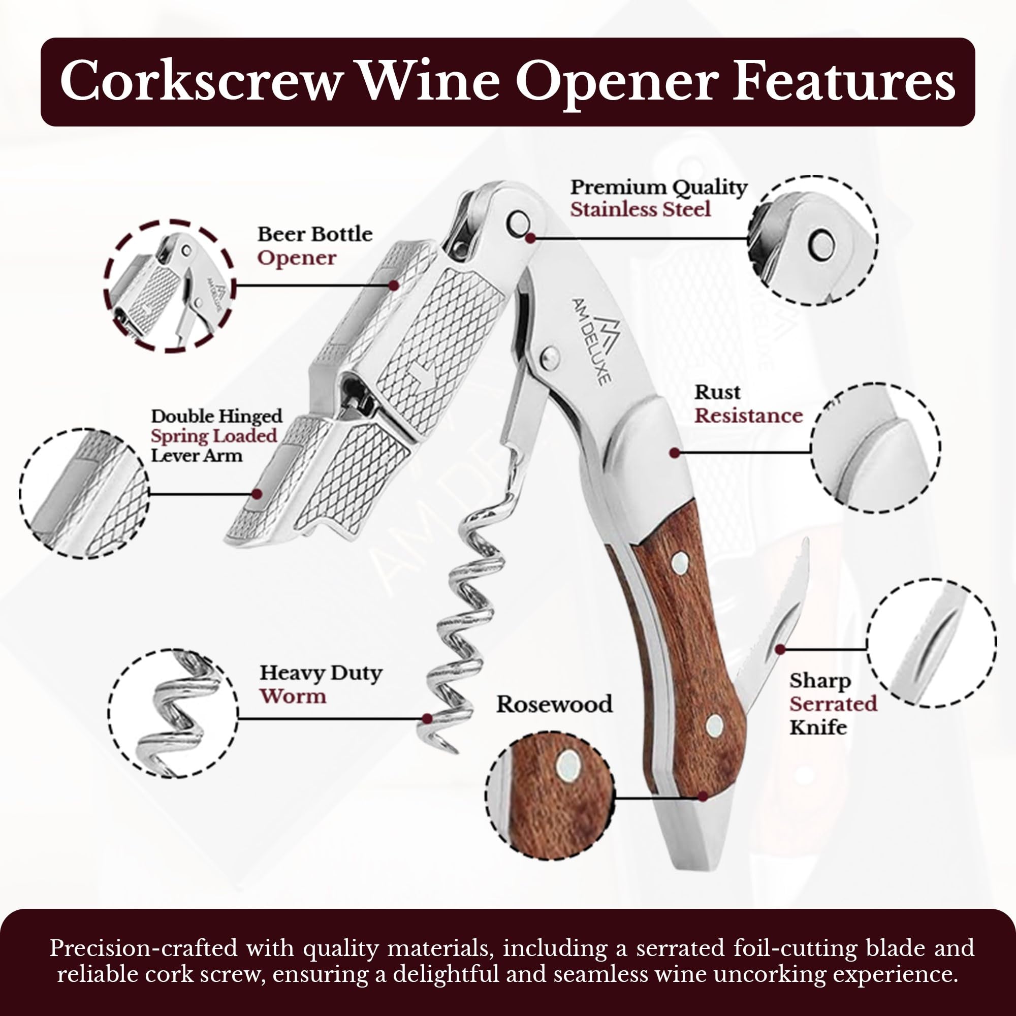 Sacacorchos para camareros, llave de vino para servidores bartenders sommeliers. Abrebotellas de vino con tornillo de corcho. Acero inoxidable e incrustaciones de palisandro clásico 3