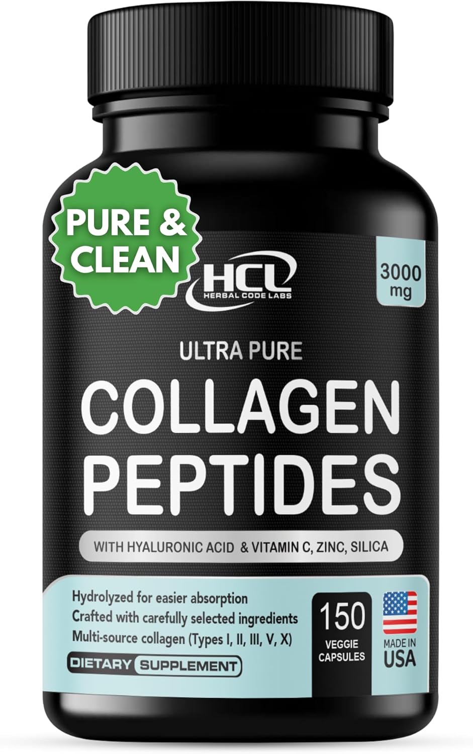 HCL HERBAL CODE LABS Collagen Peptides Powder with Vitamin C & Hyaluronic Acid – Cleanest Sources & Super High Absorption – Hydrolyzed Multi Type I, II, III, V, X – Skin Hair Supplement (Capsules)