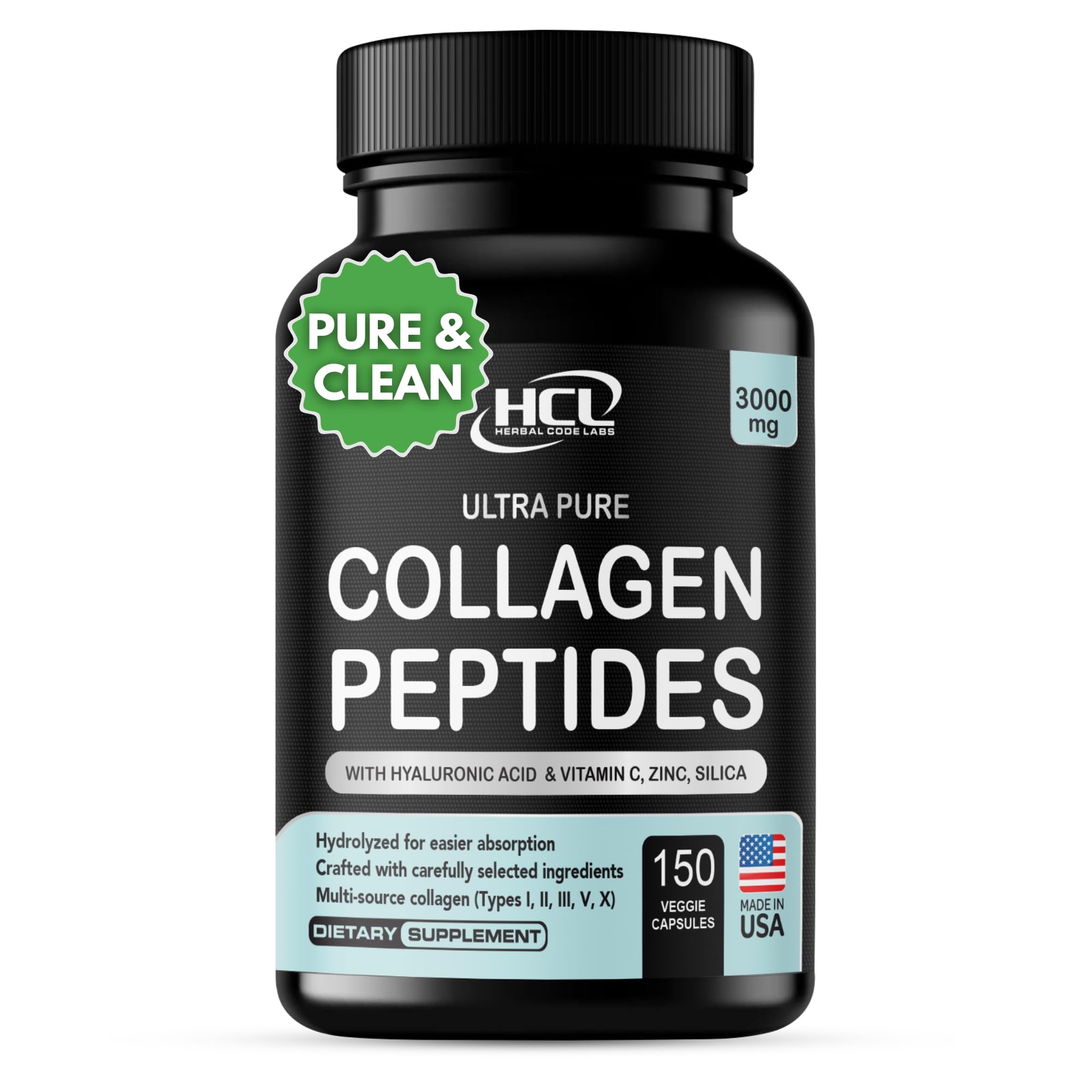 HCL HERBAL CODE LABS Collagen Peptides Powder with Vitamin C & Hyaluronic Acid - Cleanest Sources & Super High Absorption - Hydrolyzed Multi Type I, II, III, V, X - Skin Hair Supplement (Capsules)