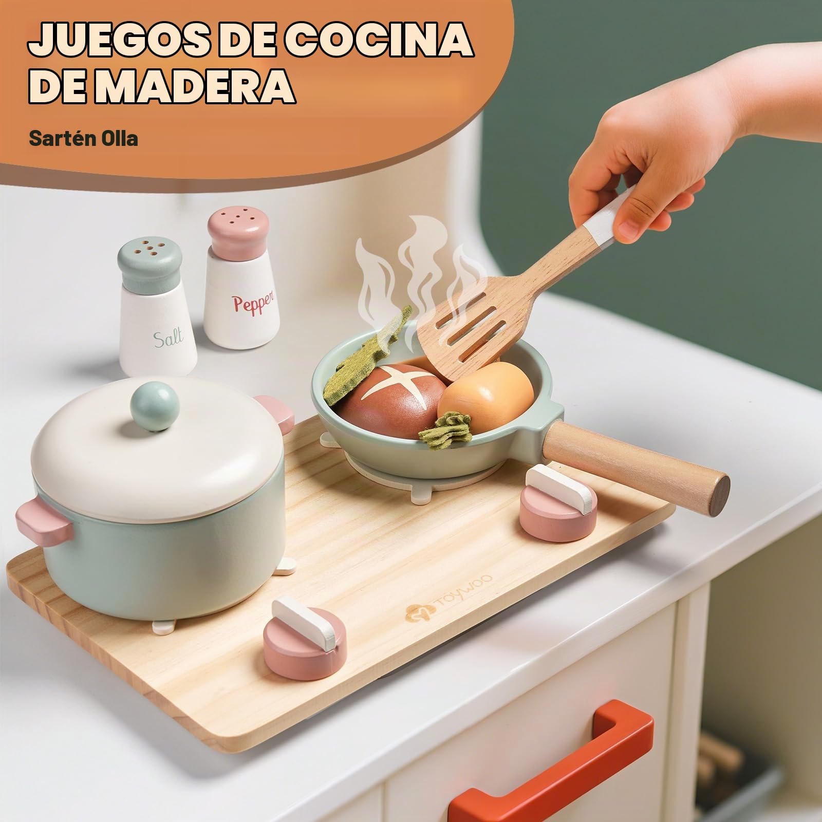 Accesorios de cocina de juego de madera, juego de ollas y sartenes para niños, juego de cocina con estufa de juguete, juegos de cocina para niños pequeños, juguetes de comida para niños pequeños, 3-5