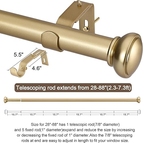 Miniatura 5 de Barras de cortina doradas para ventanas de 28 a 88 pulgadas de diámetro, juego de cortineros decorativos de una sola ventana con remates de diseño