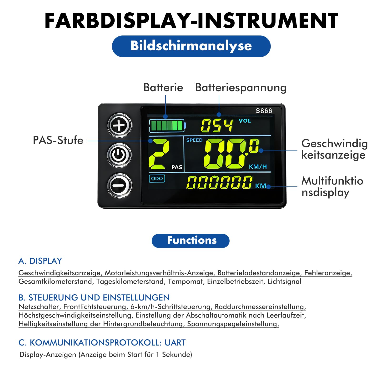E-Bike Brushless Motor Controller Kit, 24V 36V 48V 250W 17A 3 Modus Sinuswellen Motor Controller S866 Farb LCD Display 130X Daumengas Kit für Elektrofahrrad Elektroroller