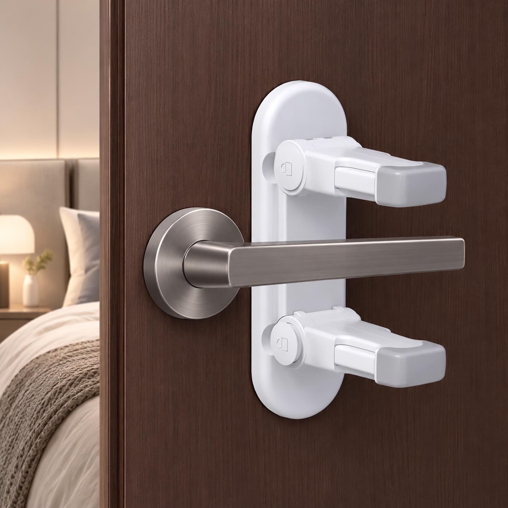 2 Pack Snap-On Door Lever Lock, Child Proof Door Handle Locks | Dual-Lock Safety Design, 3M Adhesive No Drilling Required, Door Handle Stopper for Toddler Baby Works with Door Lever or Handle (White)