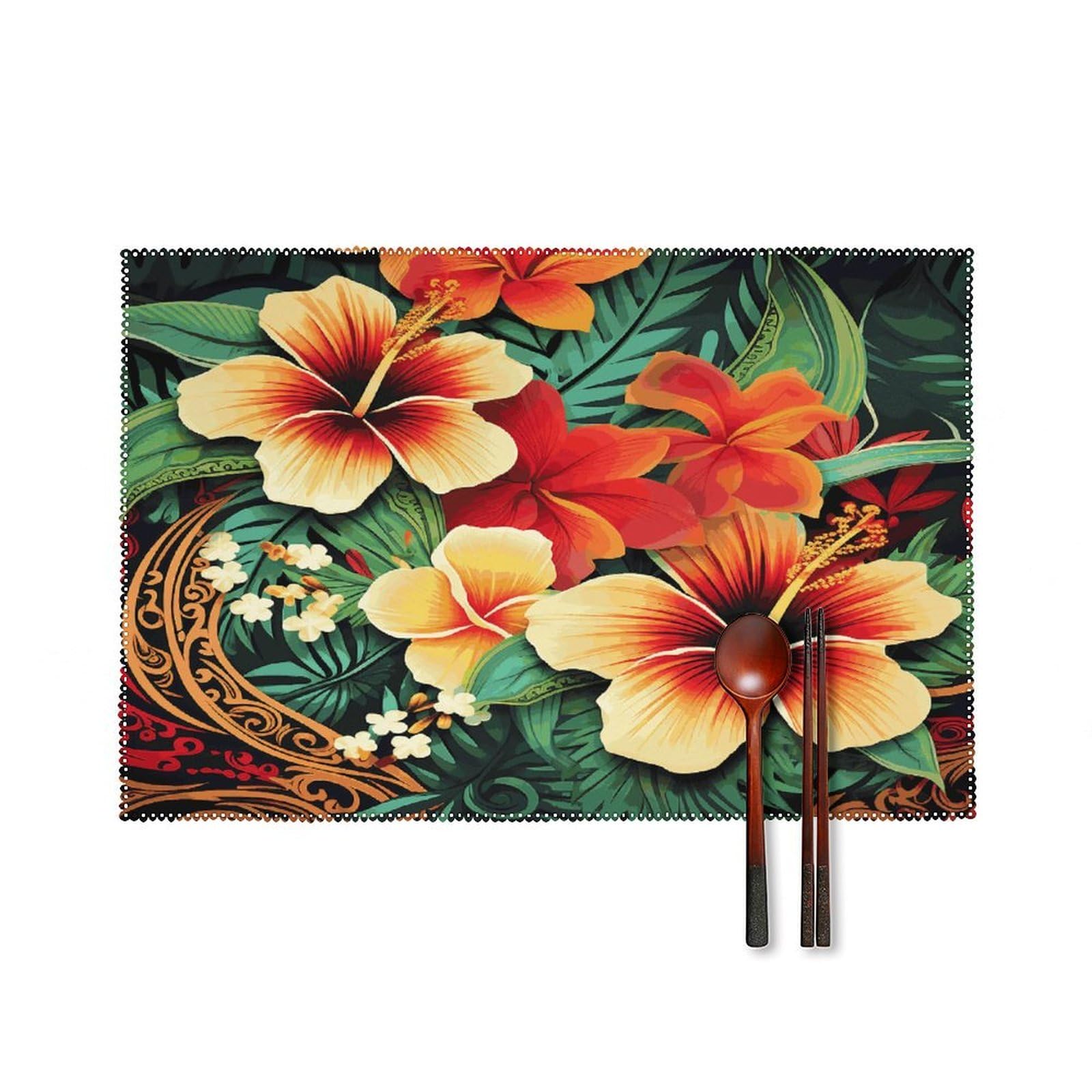 Btcowzrv Style Hawaiian Print Pattern Canvas Placemats Set Of 6, Wipeable Washable Place Mats For Indoor & Outdoor, Table Mat Decor For Kitchen Dining Party