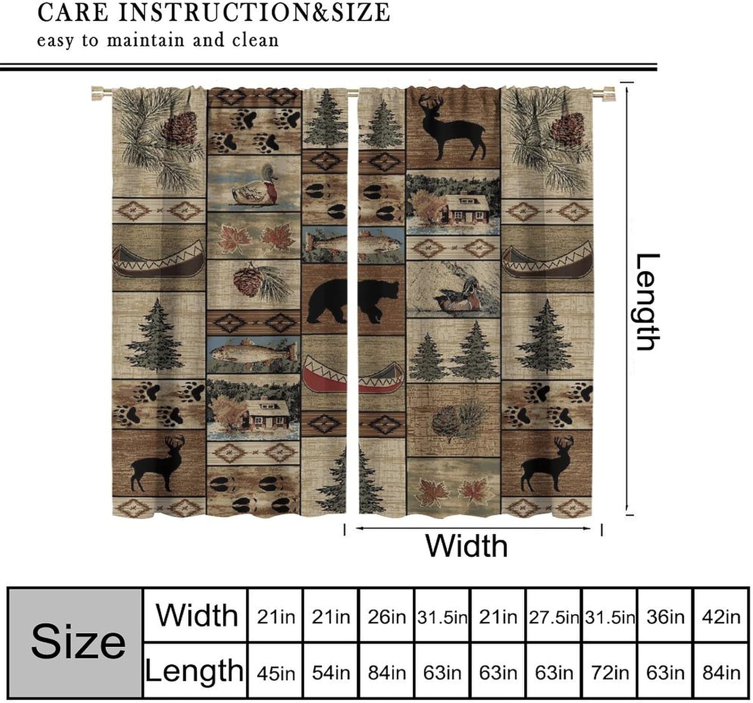 Rustic Cabin Curtain，Vintage Cottages Animal Deer Moose Bear Country Blackout Curtain for Bedroom Living Room Kitchen Window Drapes Set 2 Panels,72x63 Inches