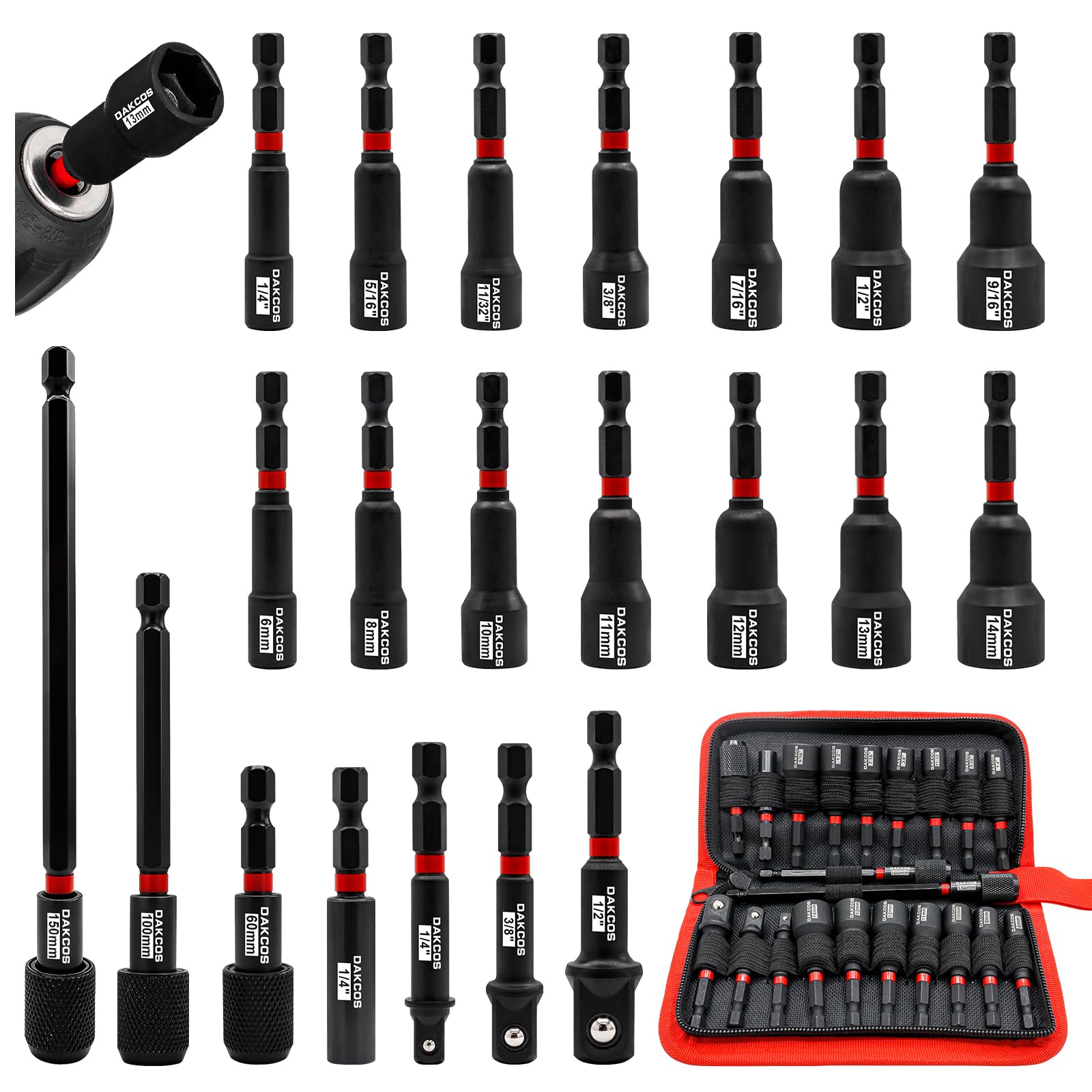 DAKCOS 21pcs Nut Driver Set 1/4" Hex Shank Drill Socket Set, Metric 6-14mm and SAE 1/4“-9/16”Quick Change Drill Bits, Adapter to 1/4“ 1/2” 3/8" CR-V — image 1
