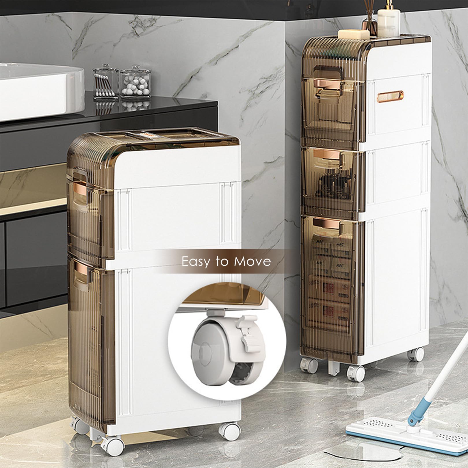 Gabinete de almacenamiento Estrecho para baño, gabinete de almacenamiento de piso con cajones multicapa y 4 ruedas universales, unidad de almacenamiento de baño Alta y d