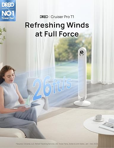 Miniatura 2 de Dreo Cruiser Pro T1 Ventilador de torre de 42 pulgadas, silencioso ventilador oscilante sin aspas con control remoto, 6 velocidades, 4 modos,