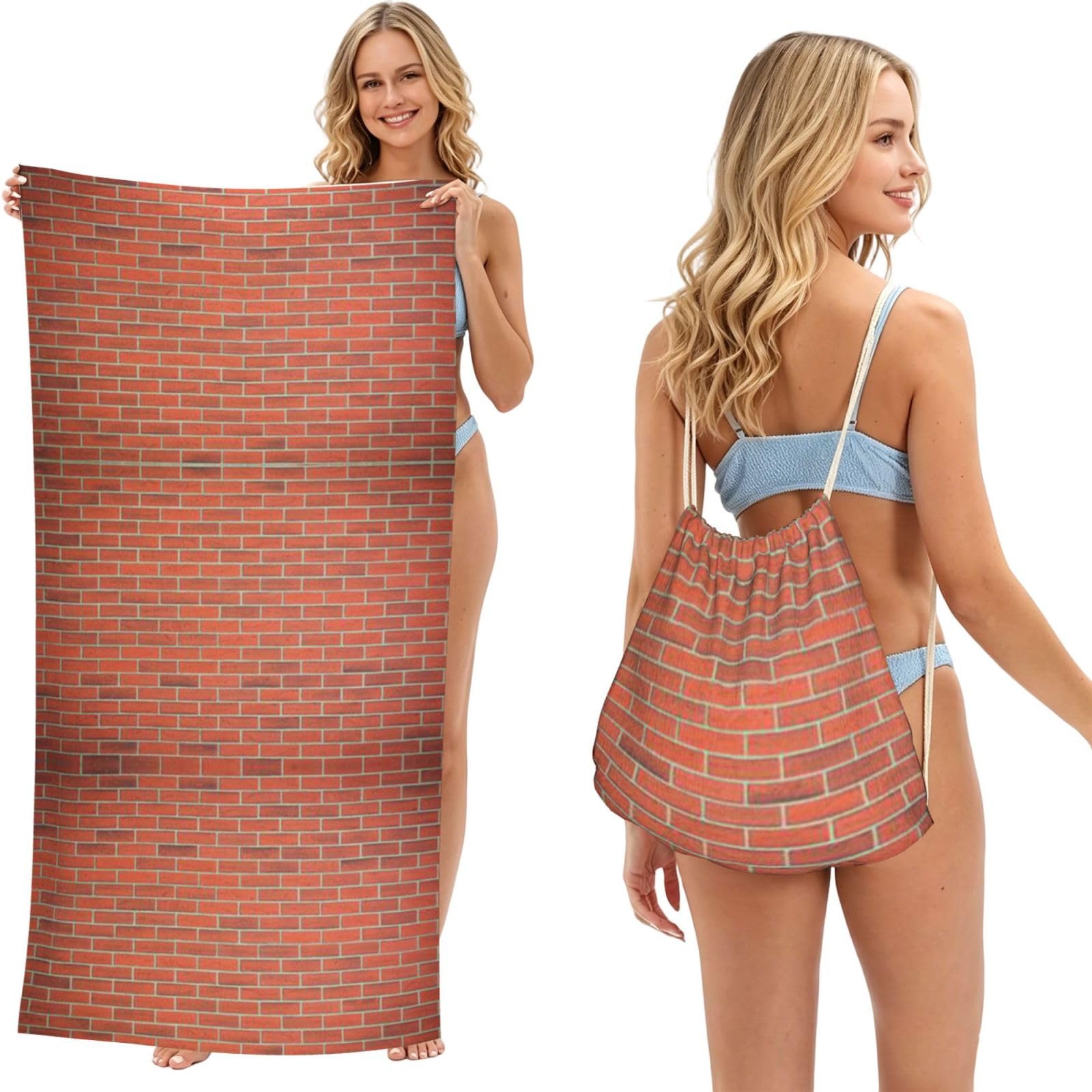 EZDLOWVBA Red Brick Wall Texture Print Beach Towel Backpack 2 In 1 Summer Large Lightweight Beach Towel - Multifunctional Ship Pattern Towel Bag For Storage,Sport