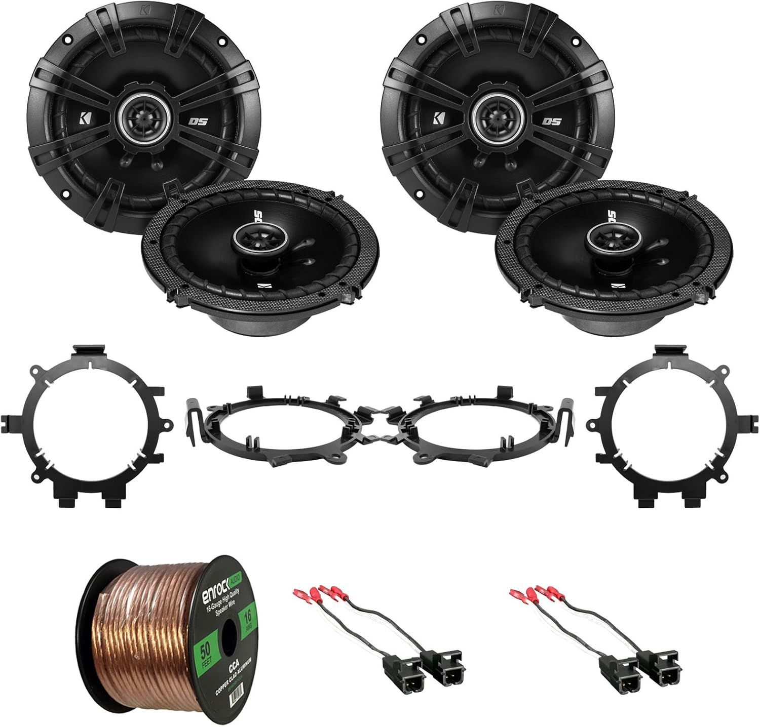 4X DSC6504 6.5" 240W 2-Way Speakers, 4X Speaker Wire Harness, 4X Speaker Mounting Brackets Adaptors, 16-Gauge 50 Foot Wire (for Select 1995-2009 Vehicles)