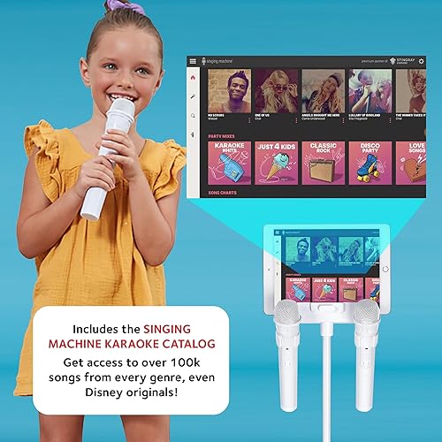 Miniatura 7 de Singing Machine Máquina de karaoke portátil para adultos y niños con 2 micrófonos inalámbricos, escenario en casa (blanco) - Altavoz de karaoke