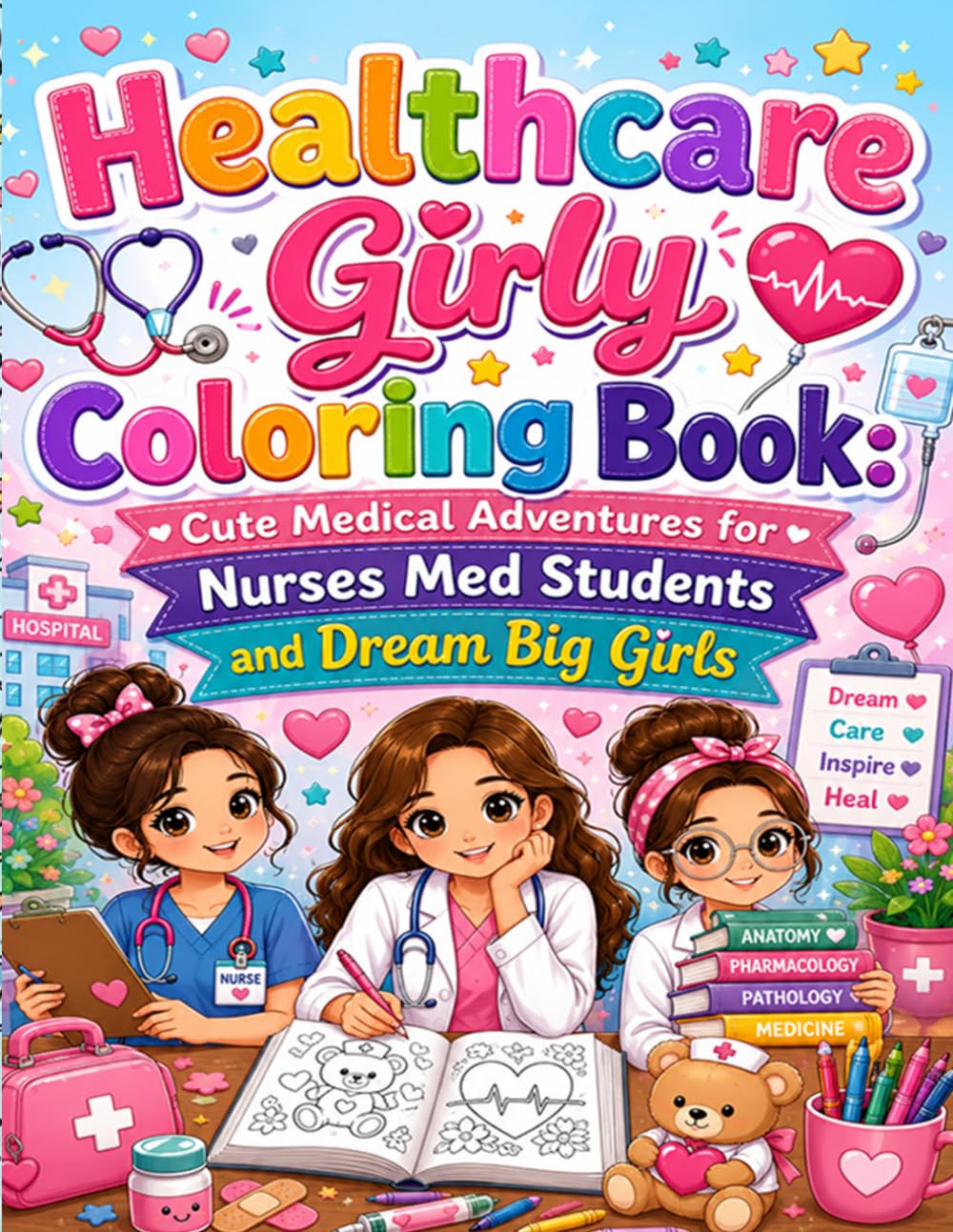 Healthcare Girly Coloring Book: Cute Medical Adventures for Nurses Med Students and Dream Big Girls: Bold and Easy Relaxing Pages Filled with Cute Healthcare Scenes Medical Dreams and Fun Adventures