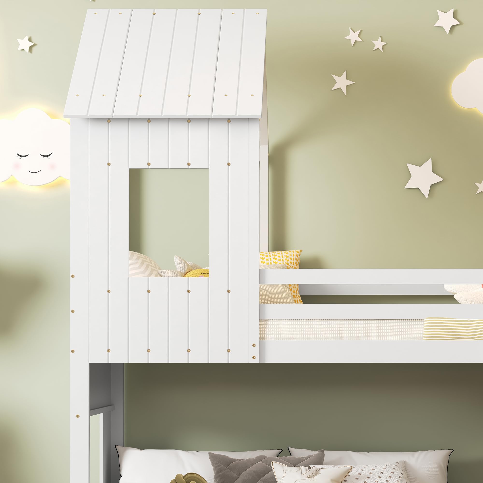 Etagenbett mit Rutsche, Hausbett, Kinderbett, mit Fallschutzgitter, mit Fenster und Dach, mit dreistufige Leiter, Kiefer+MDF, Weiß, 90x200cm&140x200cm