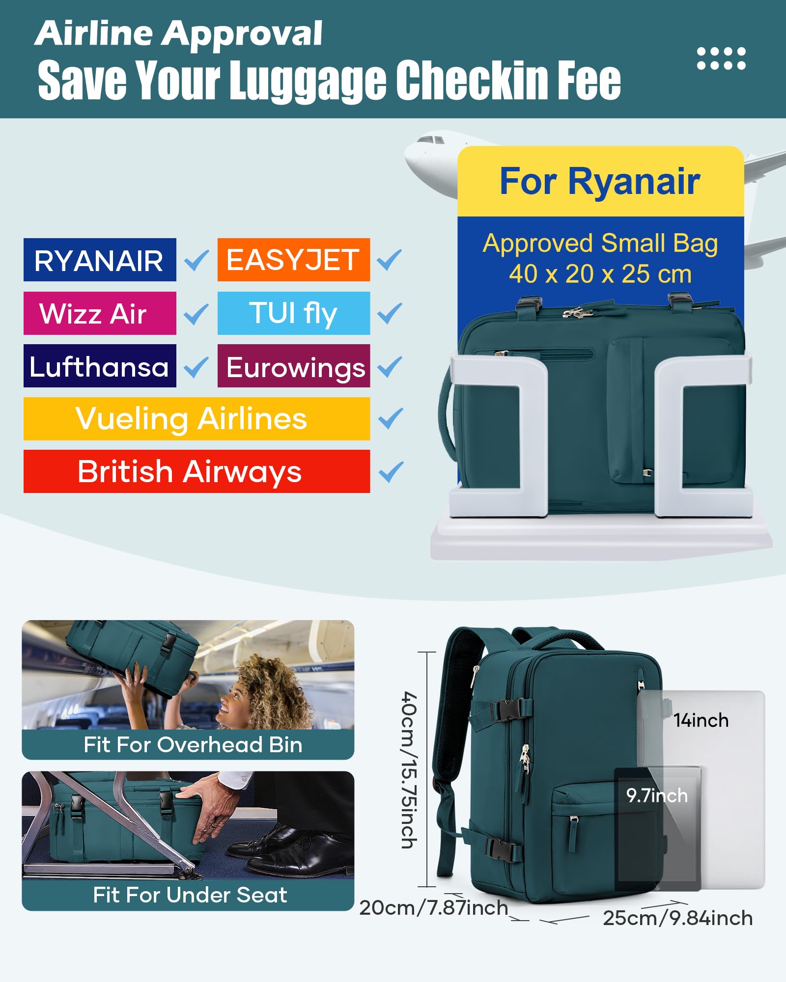 SZLX Zaino Ryanair 40x30x20 Sottovuoto con pompa Zaino Ryanair 40x20x25 Sottovuoto Bagaglio a Mano 40x30x20 Wizzair Zaino da Viaggio 45x36x20 Easyjet Donna Zaino Casual Laptop 14 Pollici Impermeabile