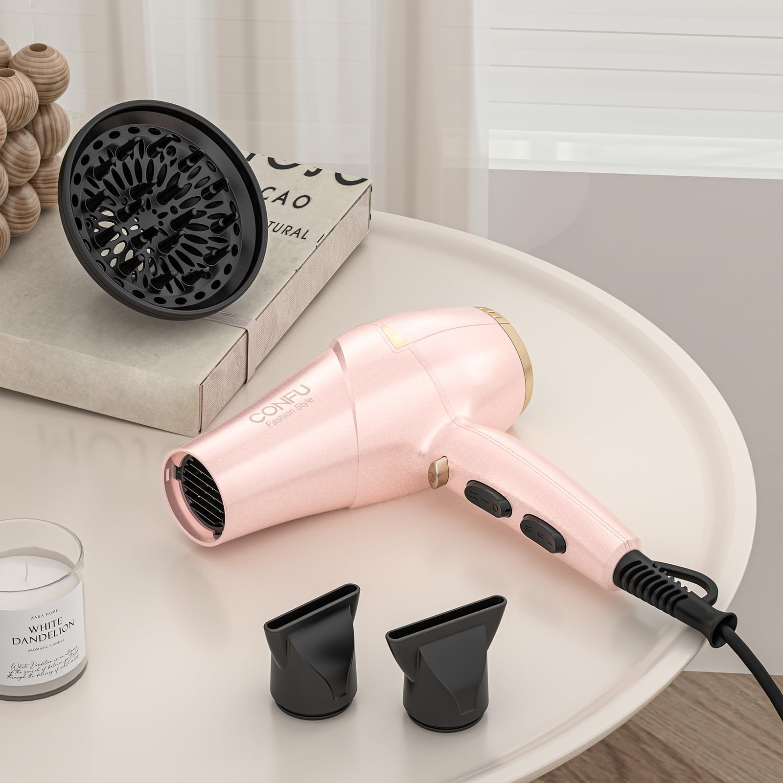 CONFU Ionen Föhn Professioneller Fön Salon Haartrockner Leicht und Leise Magnetischer Diffusor und StylingDüse, für Hause Salon und Reisen